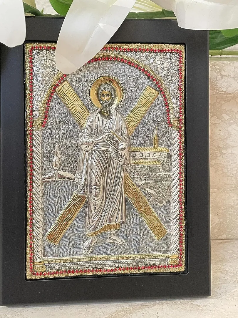 Saint Andrew Orthodox Christian Icon, Solid Sterling Silver, Hand-Carved Pure Gold Gemstone Accents