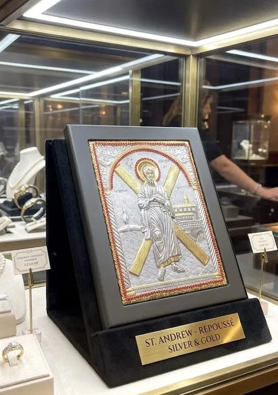 Saint Andrew Orthodox Christian Icon, Solid Sterling Silver, Hand-Carved Pure Gold Gemstone Accents