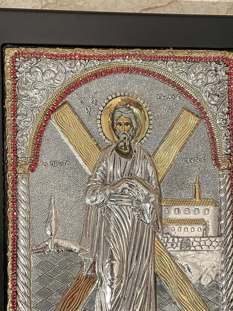 Saint Andrew Orthodox Christian Icon, Solid Sterling Silver, Hand-Carved Pure Gold Gemstone Accents