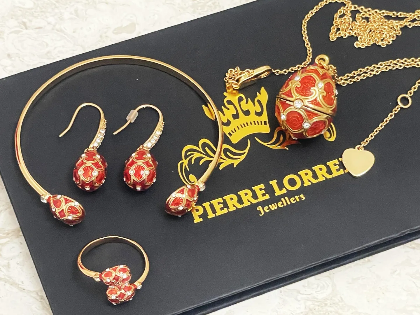 Handmade Faberge Egg Pendant Necklace Fabergé Egg Earrings Bracelet Ring Set: 18k Yellow Gold Jewelry Austrian Crystal Diamond Pierre Lorren