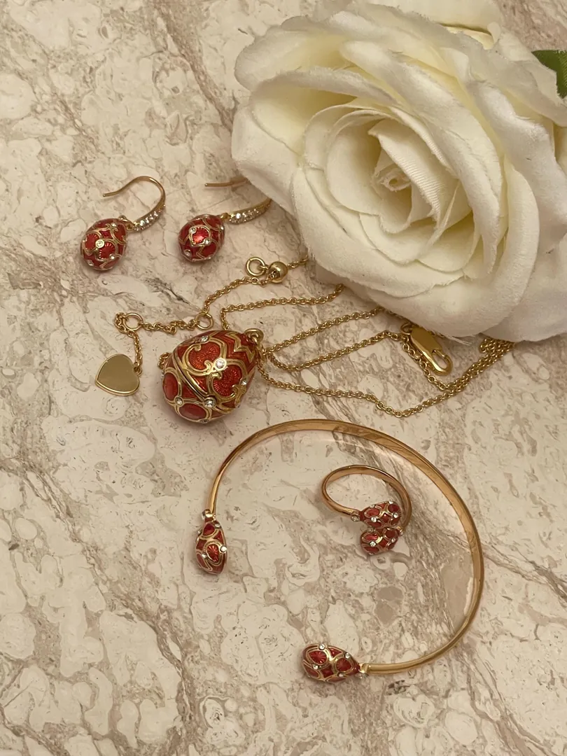 Amber Fabergé Egg Necklace Bracelet Earrings Ring Jewelry Set: Austrian Crystal Diamond Fabergé Egg Pendant Handmade Jewelry 18k Jewelry.