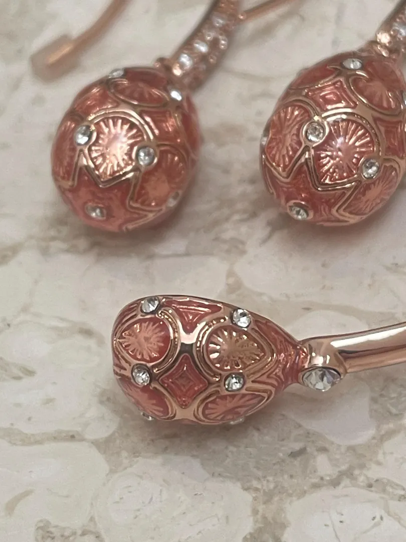 Handmade Faberge Egg Pendant Necklace, Bracelet, Ring, Fabergé Egg Earrings Set: 18k Yellow Gold Jewelry, Austrian Crystal, Diamonds, PierreLorren.