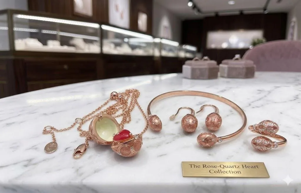 Pink Fabergé Egg Jewelry Set: Fabergé Egg Pendant Necklace, Bracelet, Earrings. Handmade 18k Vermeil with Austrian Crystal and Diamond by Pierre Lorren.