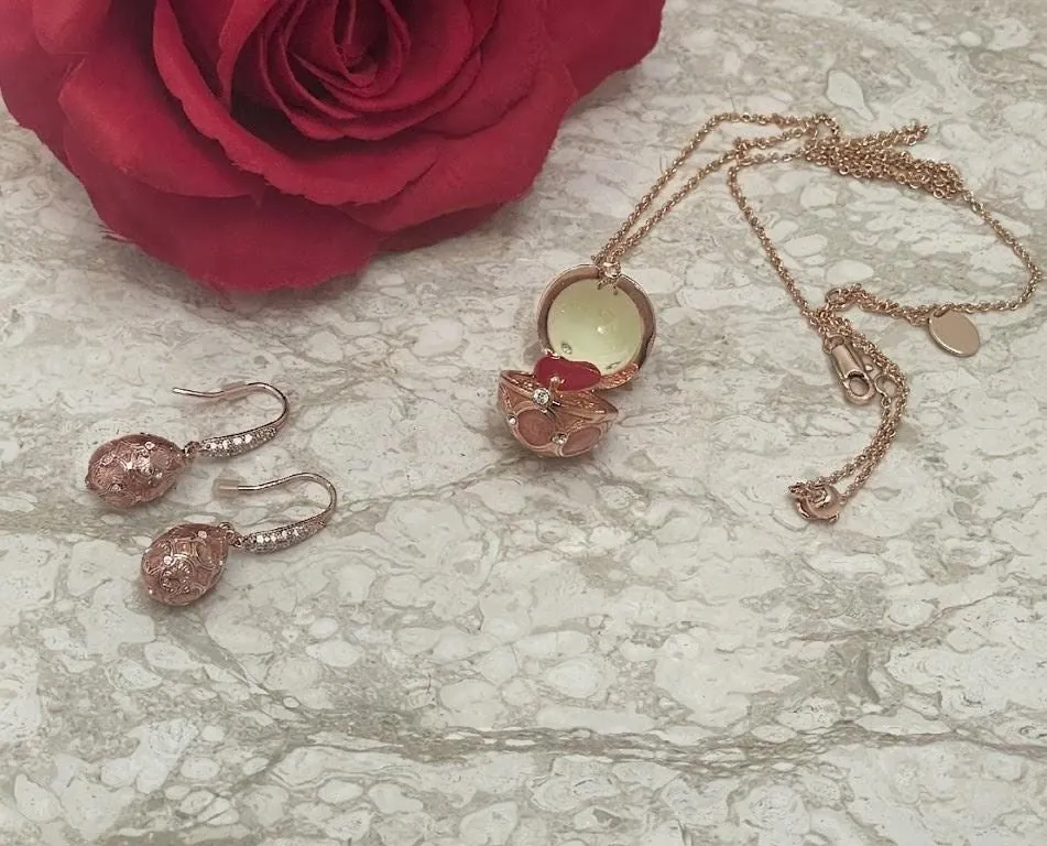 Pink Handmade Faberge Egg Pendant Necklace Fabergé Egg Earrings Set: 18k Yellow Gold Silver Jewelry Austrian Crystal Diamonds Pierre Lorren