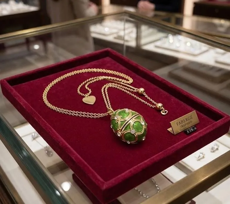 Handmade Faberge Egg Pendant Necklace, Bracelet, Ring, Fabergé Egg Earrings Set: 18k Yellow Gold Jewelry, Austrian Crystal, Diamonds, PierreLorren.