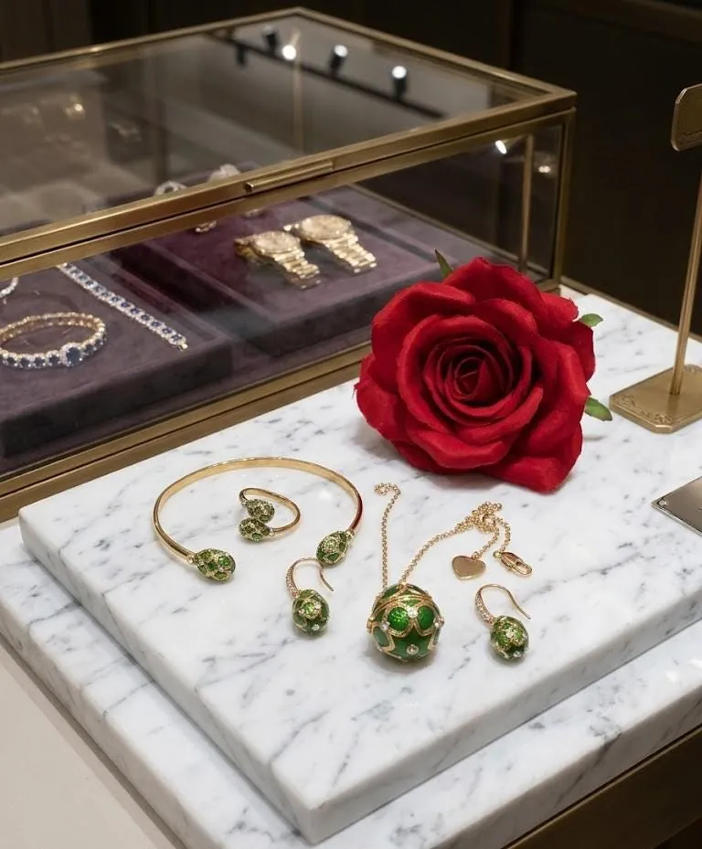 Fabergé Egg Jewelry Set: Fabergé Egg Pendant Necklace, Bracelet, Earrings. Handmade 18k Vermeil, Austrian Crystal, Diamond by Pierre Lorren.