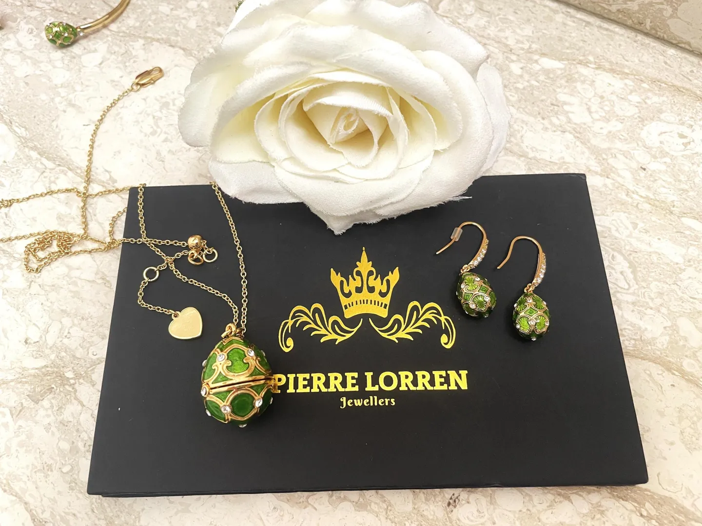 Handmade Fabergé Egg Pendant Necklace Fabergé Egg Earrings Set: 18k Yellow Gold Silver Jewelry Austrian Crystal Diamonds Pierre Lorren