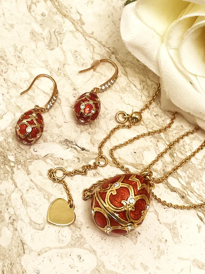 Handmade Faberge Egg Pendant Necklace Fabergé Egg Earrings Set: 18k Yellow Gold Silver Jewelry Austrian Crystal Diamonds Pierre Lorren