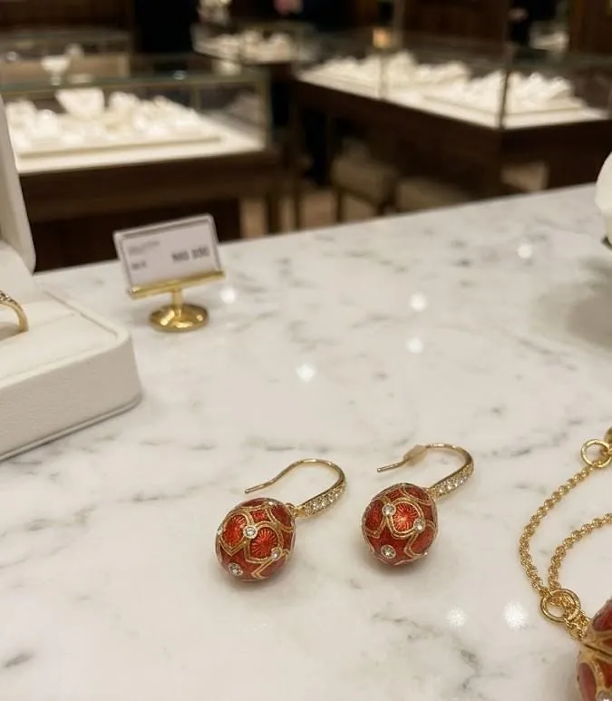 Handmade Faberge Egg Pendant Necklace Fabergé Egg Earrings Set: 18k Yellow Gold Silver Jewelry Austrian Crystal Diamonds Pierre Lorren