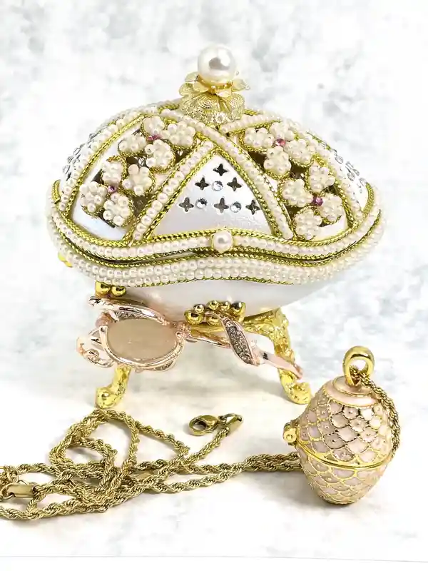Limited Edition - Faberge-Style egg Music box + Pink Faberge-Style egg Pendant Necklace + Bracelet - 24k Gold - Birthday gifts - Faberge-Style egg - 