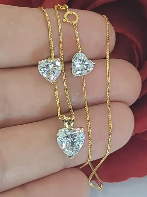 Solid 18k GOLD Jewelry SET Heart Shape Diamond Necklace Heart Diamond Pendant Diamond Heart Stud Earrings Unique Diamond Jewelry SET 3.5ct 