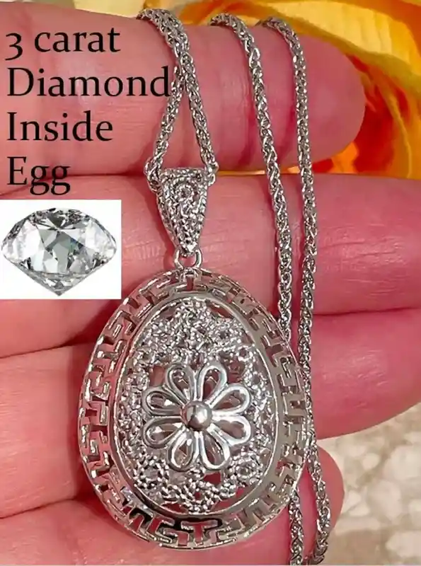 Imperial Faberge style Jewelry, 3 carat Diamond Necklace, Faberge Egg Necklace, Solid Sterling Silver Egg Pendant Necklace, 23