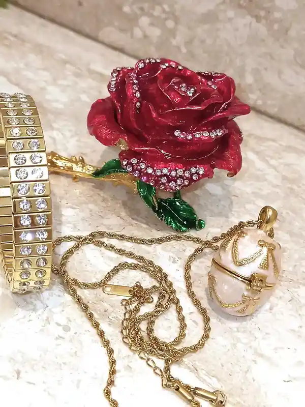 7ct - Luxury Valentines day - Faberge-Style egg - Red Rose Valentine Ring box + Faberge Necklace + Bracelet -Handmade Valentines day gift-24K GOLD 