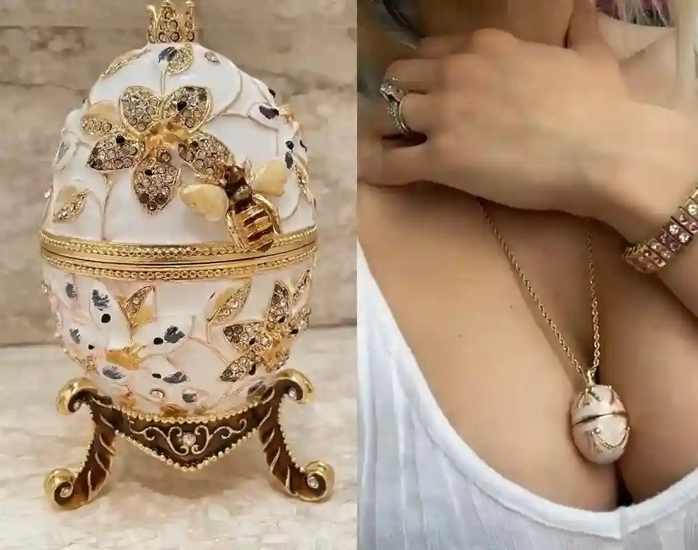 White Fabergé Imperial Coronation Egg 1898 Fabergé style egg bracelet. Swarovski, gold, pearl egg. Bridal shower, engagement, wedding gift for her.
