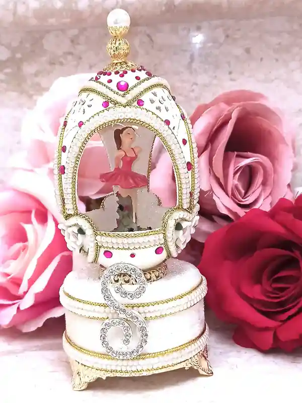 Personalized Gift for her Faberge egg Ornament Custom Figurine HAND Carved Natural Egg Faberge Music box Monogram 24k GOLD HANDMADE present 
