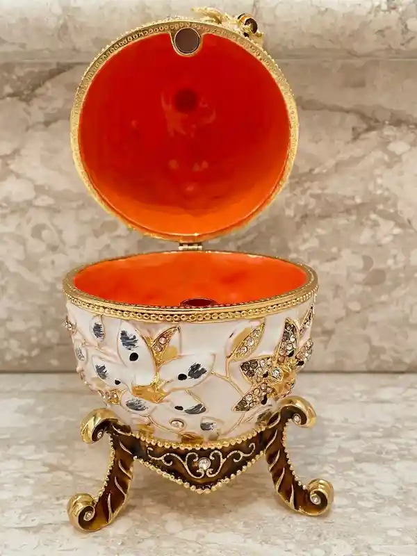 Faberge Egg White Pomegranate Jewelry Box Housewarming Gift Home Decor Faberge Egg Birthday Mom Gift Box for Christmas Swarovski HANDSET 24k 