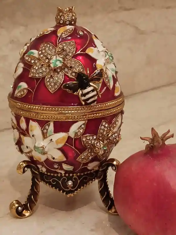 Red Large Easter Ornament Faberge Egg style LOVE Luck & Braclet Ruby Her Pomegranate HANDMADE Jewelry Box 24k GOLD 450 Swarovsk Diamond 10ct 