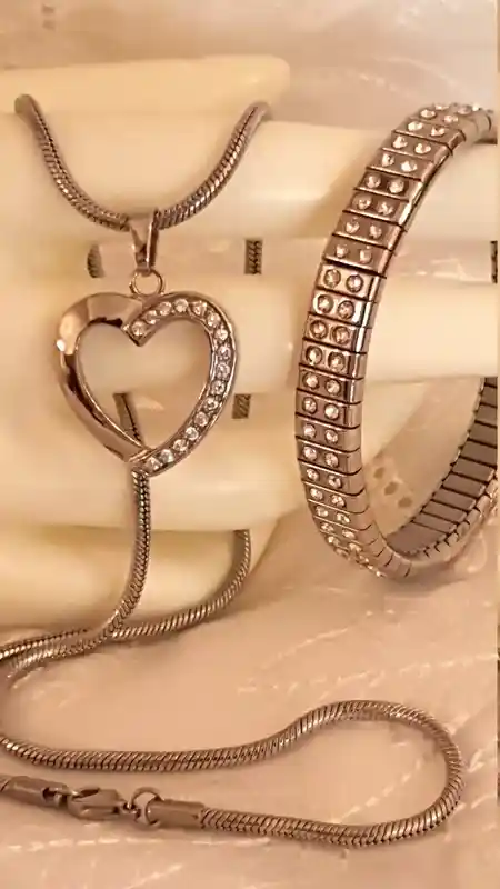 HEART Necklace Pendant Set SILVER bracelet Gift for her SWAROVSKI Crystal Jewelry Ladies Heart Charm Pendant Bangle Jewellery for Women Wife 