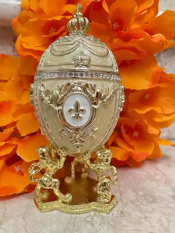 Designer 5* Faberge-Style egg Beige Jewelry Box Faberge Egg Bride Trinket Wedding gift for couple Unique Faberge egg Austrian Crystal HANDSET 5ct 
