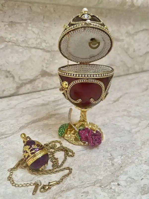 Valentines day Rose ONE OfA KIND Amethyst Rose Faberge-Style Egg Musical + Faberge Egg Diamond Necklace Gold Jewelry Gift for her Birthday Wedding 
