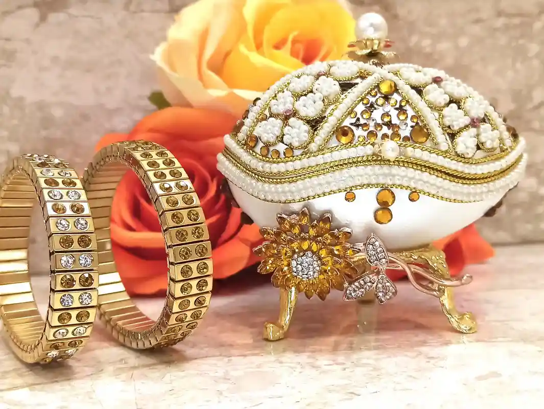 Designer Faberge Style Egg Wedding Gift for Couple NEW BEGINNINGS Trinket Peacock Swarovski GOLD Decor Handmade New Home Owner Pierre Lorren