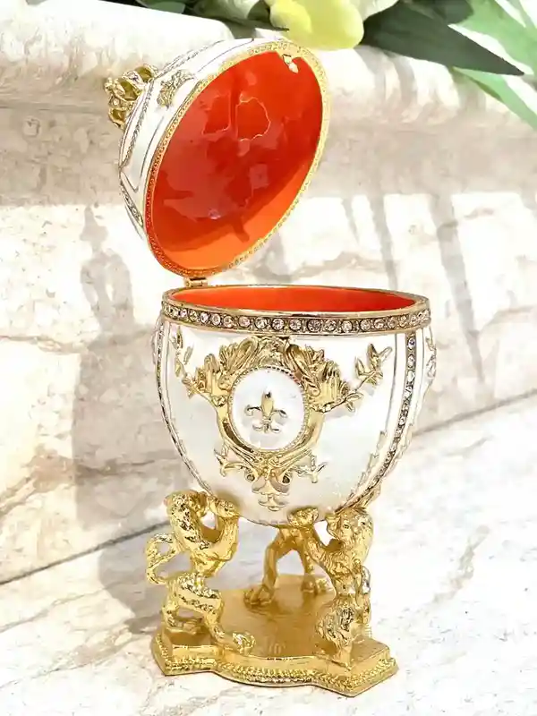 Luxury Handmade White Faberge Egg Crystal Jewelry box & Faberge Pendant Engagement gift for her Imperial Fabrerge style Egg SET 24k HANDSET 