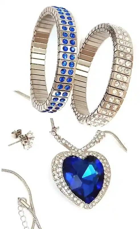 Silver Valentines day DIAMOND Heart Necklace SAPPHIRE Pendant Necklace BRACELET Set Valentine's Day Statement Necklace Love Heart Shape gift 