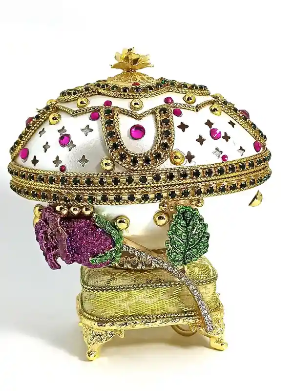 One Of a Kind Faberge Egg style HANDCARVD Collectible Faberge Egg Musical Silk Interior Jewelry box Amethyst Rose Valentines Day Christmas 