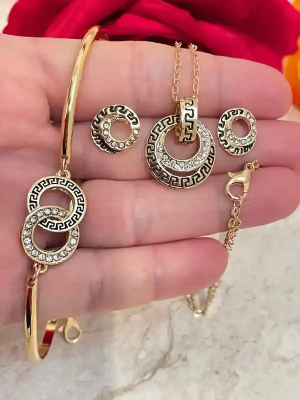 Greek Gold Jewelry SET, Greek Key Necklace, Meander Pendant, Greek Key Bracelet & Meander Earrings, Yellow Gold Jewelry, 86 CZ HANDSET 
