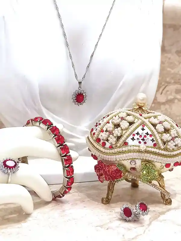 Faberge-Style egg Christmas RUBY SET 24k Gold Faberge HANDCARVED Real Egg Musical Jewelry Box Vintage Gift, Ruby Necklace Earrings Ring Bracelet 