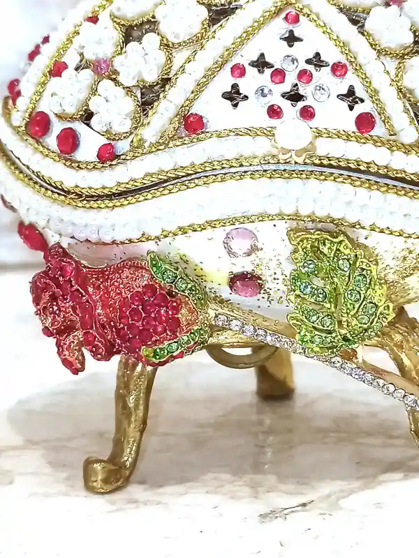 Faberge-Style egg Christmas RUBY SET 24k Gold Faberge HANDCARVED Real Egg Musical Jewelry Box Vintage Gift, Ruby Necklace Earrings Ring Bracelet 