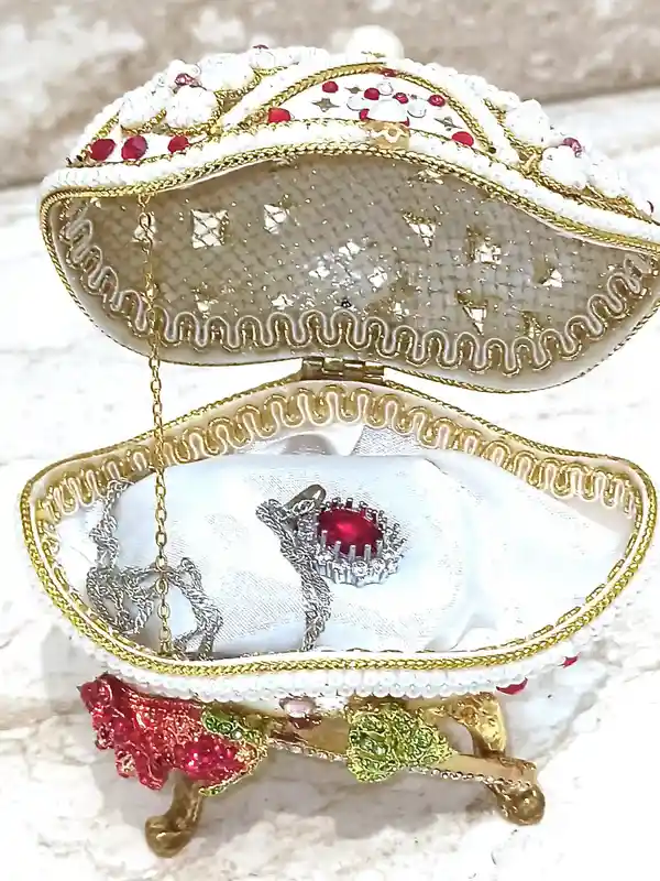 Faberge-Style egg Christmas RUBY SET 24k Gold Faberge HANDCARVED Real Egg Musical Jewelry Box Vintage Gift, Ruby Necklace Earrings Ring Bracelet 