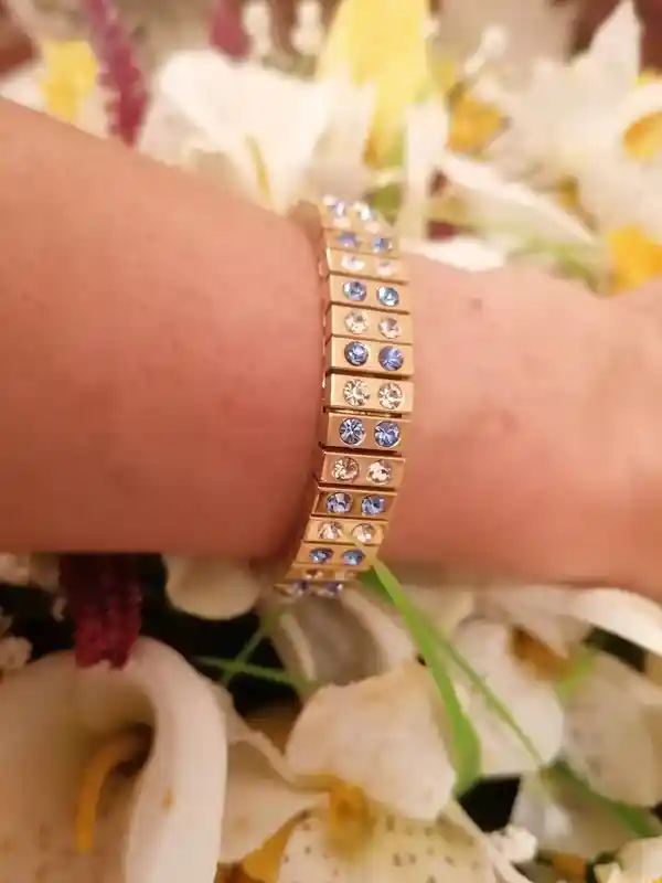 Something Blue for bride WEDDING Bracelet GIFT 24kt GOLD Stretch Swarvoski wedding jewelry Bridesmaid blue topaz bridal bracelet Sister gift 