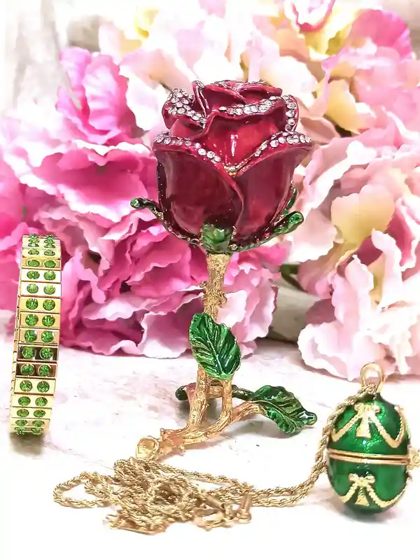 Rose Trinket Box, Faberge-Style egg Necklace, Peridot Bracelet Gold, Faberge Jewelry box, Austrian crystal Diamond HAND SET 24K Christmas Gift mom 