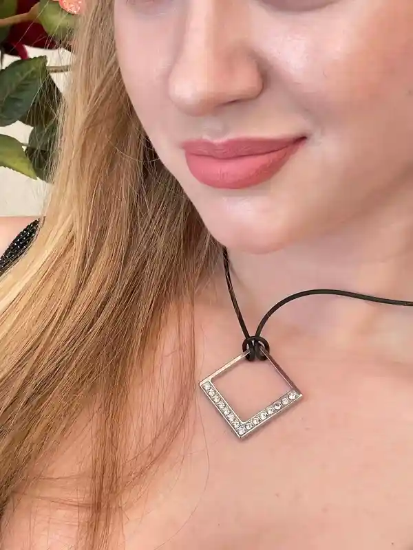 Diamond Necklace Square Shaped Jewelry SET Silver Pendant + Silver Diamond Bracelet + Hypoallergenic Earrings Swarovski Diamond HANDMADE SET 