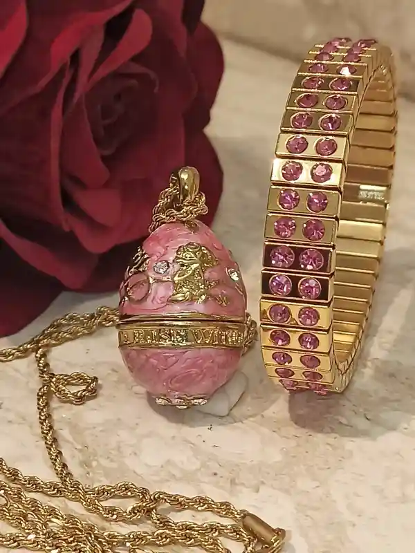 Pink FABERGE-Style egg Jewelry/Pink Necklace with Pendant Set and Her bracelet set/ Graduation gift for her/Swarovski Topaz Gems/HANDMADE/24k Gold 