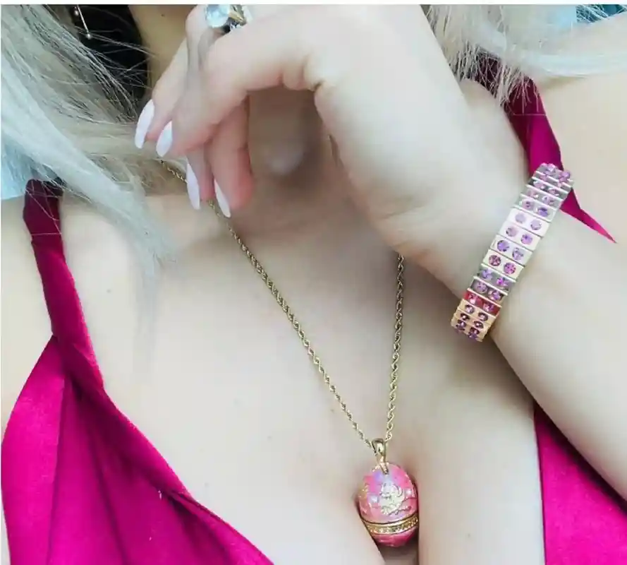 Pink FABERGE-Style egg Jewelry/Pink Necklace with Pendant Set and Her bracelet set/ Graduation gift for her/Swarovski Topaz Gems/HANDMADE/24k Gold 