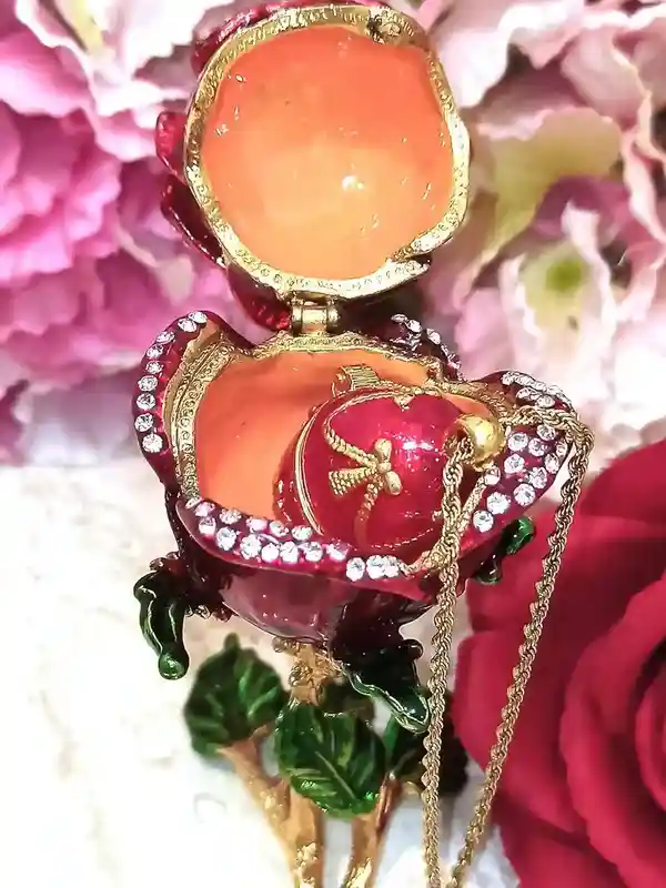 Pure Gold Rose Red Faberge-Style Egg Valentines day Gift for her Faberge style egg trinket PLUS Faberge egg Necklace Pendant HANDMADE Jewellery 