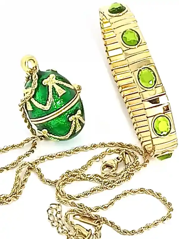 Faberge-Style Emerald Green Vintage Jewelry SET Faberge-Style Egg Necklace Gold & Austrian Crystal Bracelet Faberge-Style egg Pendant Bday Jewelry gift her 