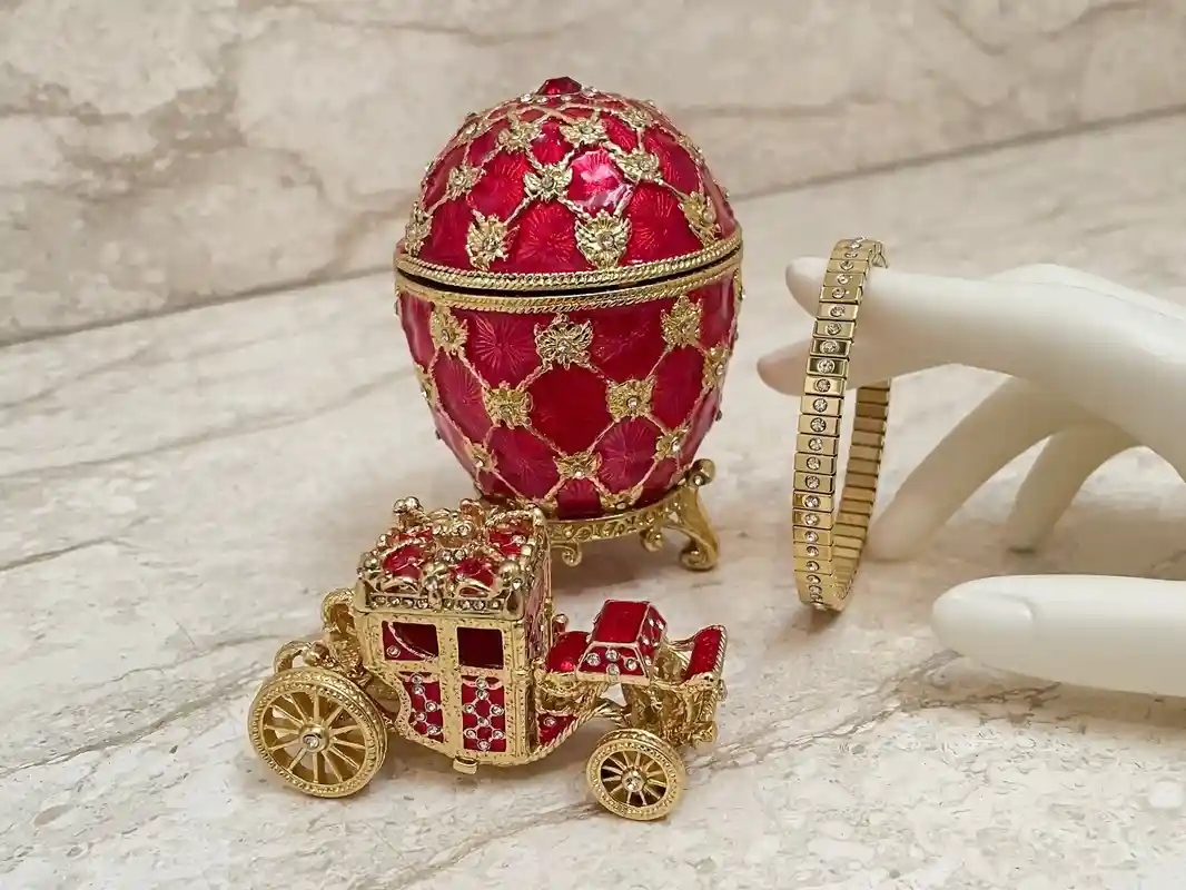 2001 Vintage Faberge Style Egg - Faberge Egg Music Box - 24k Gold - Handcarved Egg - Swarovski Diamond Handset - Fabergé Egg Box for Wedding
