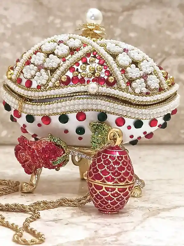 Faberge-Style EGG Ornament + Faberge-Style Egg NECKLACE + Ruby Gold Bracelet Maid Of Honor Gift Bridal Shower Gift MUSIC Birthday Gift for her 