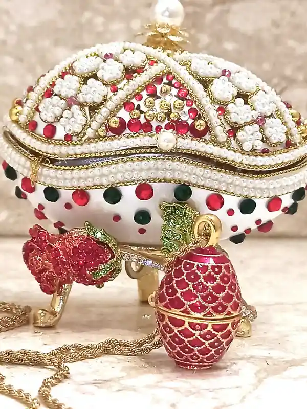 Faberge-Style EGG Ornament + Faberge-Style Egg NECKLACE + Ruby Gold Bracelet Maid Of Honor Gift Bridal Shower Gift MUSIC Birthday Gift for her 