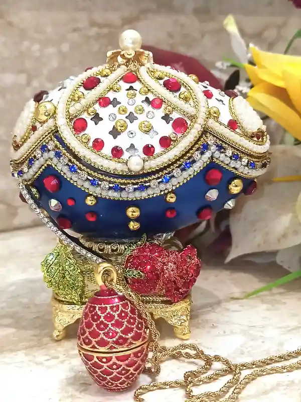 Faberge-Style egg Ornament & Faberge Egg Pendant Ruby Bracelet Gold Gift for women-Faberge Egg style Unique Music Box Home Decor gift for her bday 