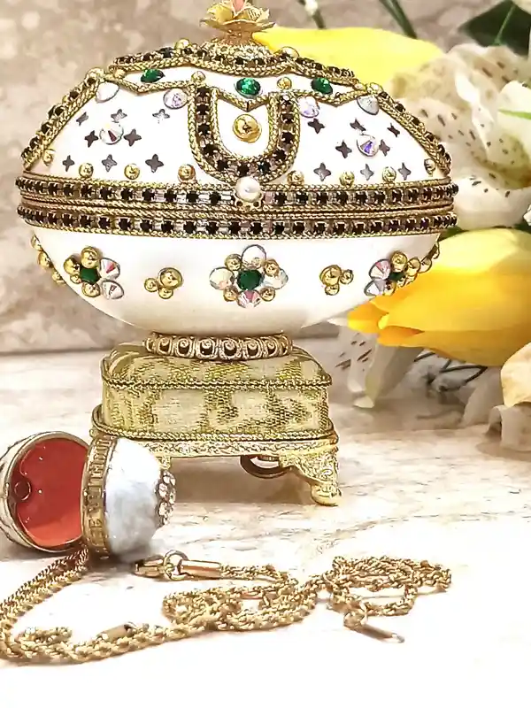 Faberge-Style-One of a kind Gifts for women-Faberge Egg Ornament-Faberge Pendant -24k Gold - Home Decor - Unique Birthday gift- Emerald Gift Box - 