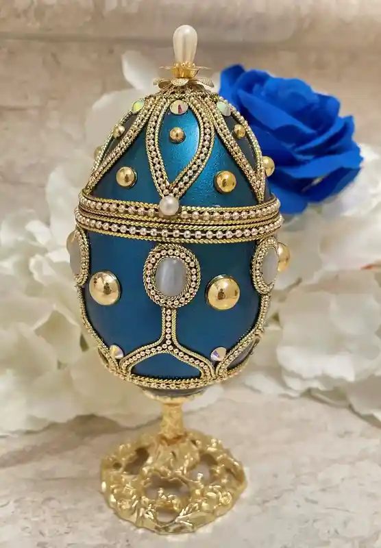 One of A Kind Blue Gifts, Faberge-Style Egg VINTAGE, Faberge Egg style , HANDCARVED Natural Egg, Faberge Ornament Decorative Faberge Egg Music Box 