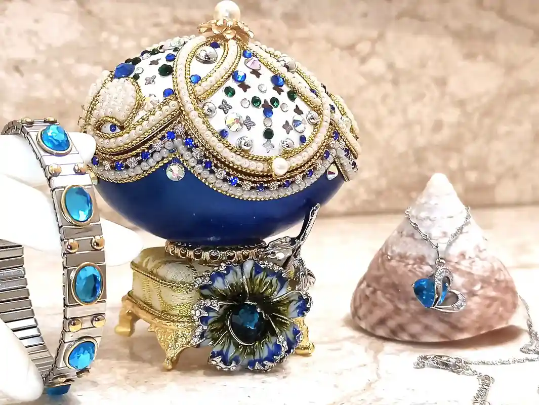 One Of a Kind- Faberge-Style Egg -24kGOLD -Faberge Egg Music Box- Sterling Silver Jewelry - Blue NECKLACE - Silver,Topaz BRACELET - Faberge style 