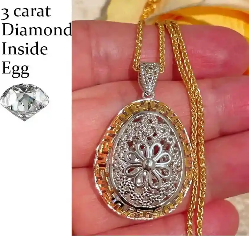 3ct, Faberge Egg Necklace, Sterling SILVER Faberge Egg Pendant, DIAMOND Necklace for women, Faberge Jewelry, Handmade, Faberge Egg Style egg 