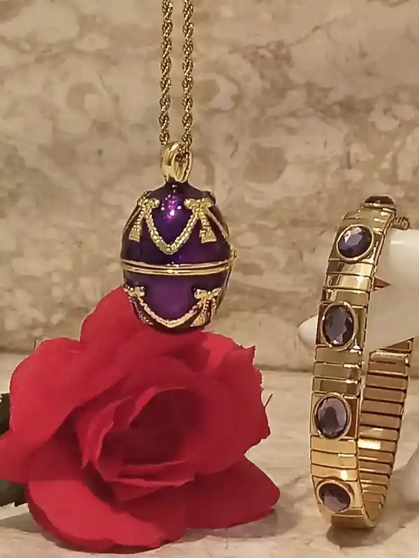 One Of a Kind - Faberge Egg style Musical Carousel Horse Faberge NECKLACE - Amethyst BRACELET- Purple Faberge egg 24k Handmade Faberge Egg 