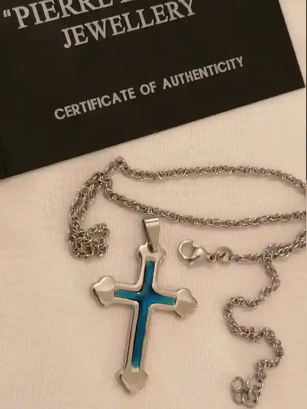 Something Blue Cross Pendant Necklace/Religious Jewelry SILVER Christian Cross LONG Necklace gift for women HANDMADE /Chain 16