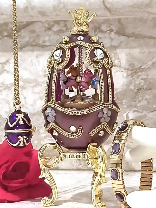 ONE Of a KIND FABERGE egg style Horses Musical Carousel Born in 2003 Faberge Egg Necklace Egg Faberge Bracelet Unique gift 18th Birthday 24k 